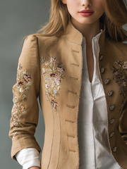 Retro Contrast Trim Floral Embroidered Jacket