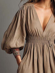 Bohemian Embroidered Linen Midi Dress With Puff Sleeves