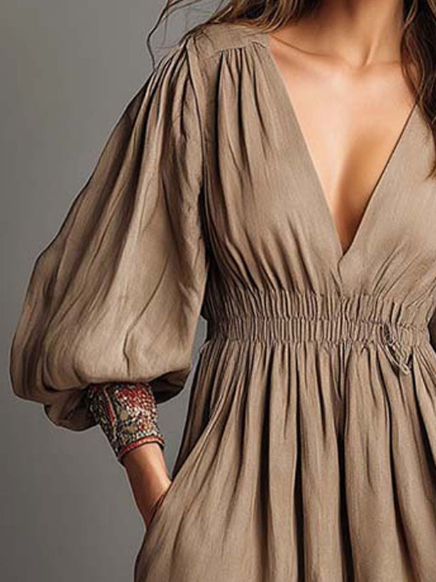 Bohemian Embroidered Linen Midi Dress With Puff Sleeves