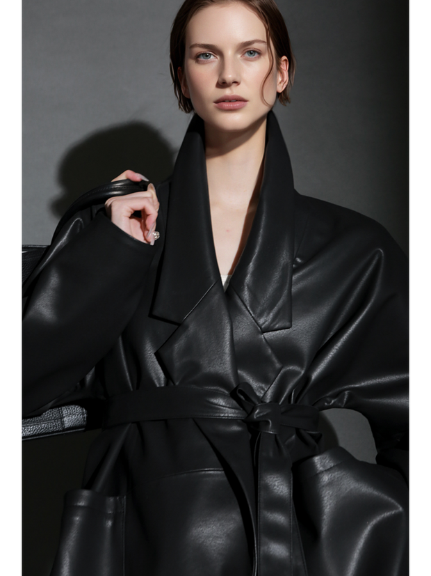 Women’s Short Leather Trench Coat – Tailored Waist Blazer Collar Lambskin Jacket for Fall