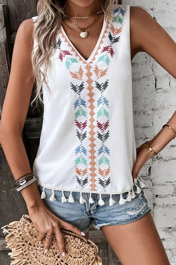 JUST BE YOU BOHO EMBROIDERED TASSEL SLEEVELESS TOP - 4 COLORS