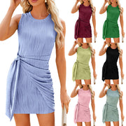 Solid Color Round Neck Pleated Lace Up Knitted Short Dresses for Women