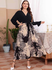 Plus Black Floral Lantern Sleeve Crisscross Wrap Maxi Dress