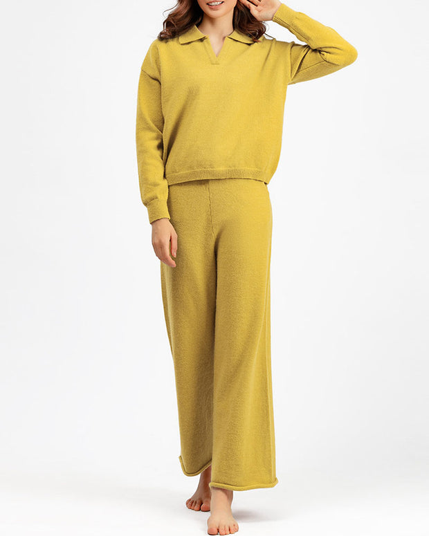 Polo collar sweater and wide-leg pants two-piece set