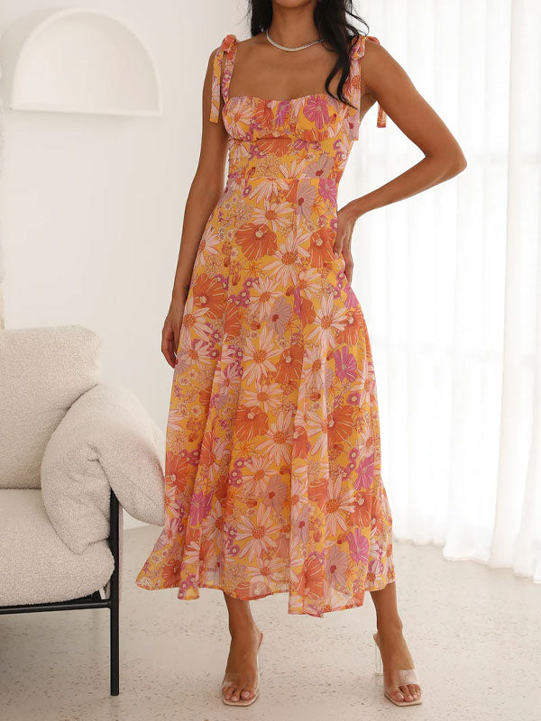 Tie up printing midi dress