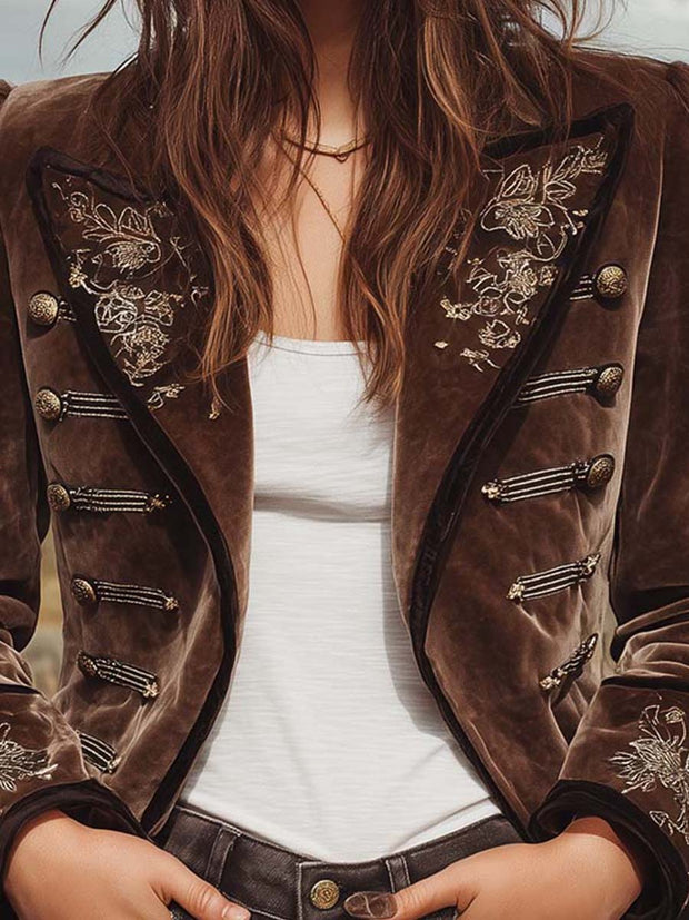 Vintage Bohemian Style Velvet Lapel Embroidered Double-breasted Jacket