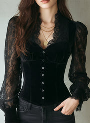 Elegant Black Velvet & Lace Victorian Blouse