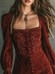 Vintage Rust Red Square Neck Embroidered Button-Front Mini Dress