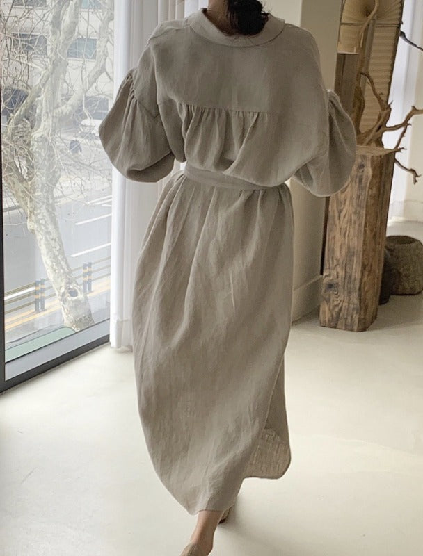 Lantern Long Sleeved Solid Color Waist Shirt Maxi Dress