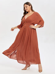 V-Neck Button Front Elastic Waist Split Maxi Dress