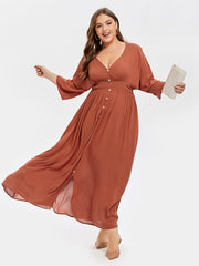 V-Neck Button Front Elastic Waist Split Maxi Dress