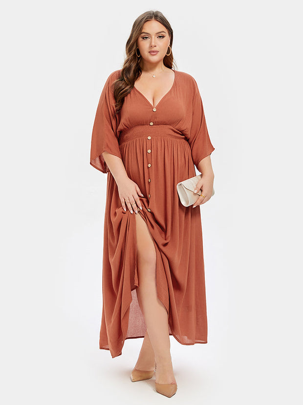 V-Neck Button Front Elastic Waist Split Maxi Dress