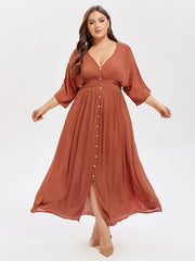 V-Neck Button Front Elastic Waist Split Maxi Dress