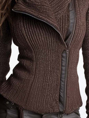 Brown Asymmetrical Zip Ribbed Knit Jacket