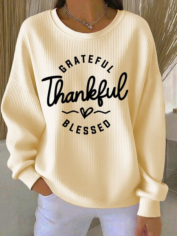 Women's Casual Vintage Grateful Thankful Blessed Textured Sweatshirt