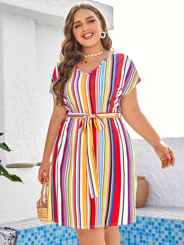 Plus Colorblock Striped Tie Dolman Sleeve Midi Dress