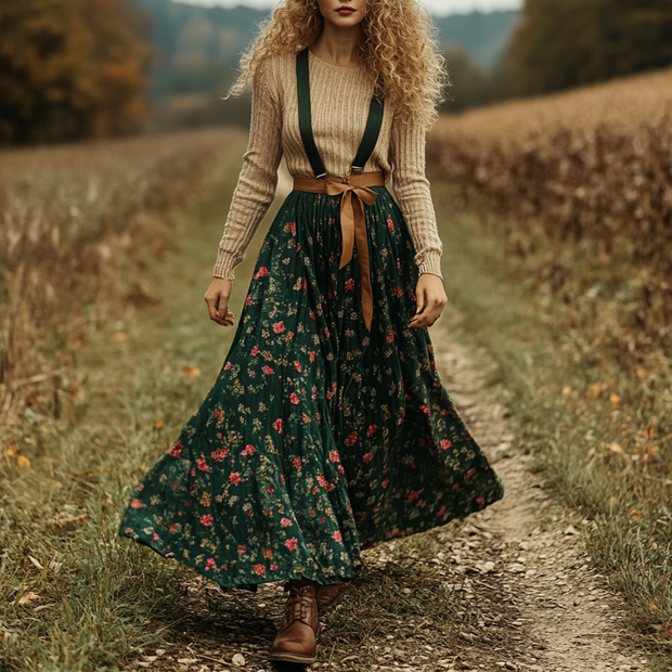 Women's Two-piece Bohemian Pastoral Suspender Floral Dress Autumn And Winter Retro Long Skirt Two-piece Set