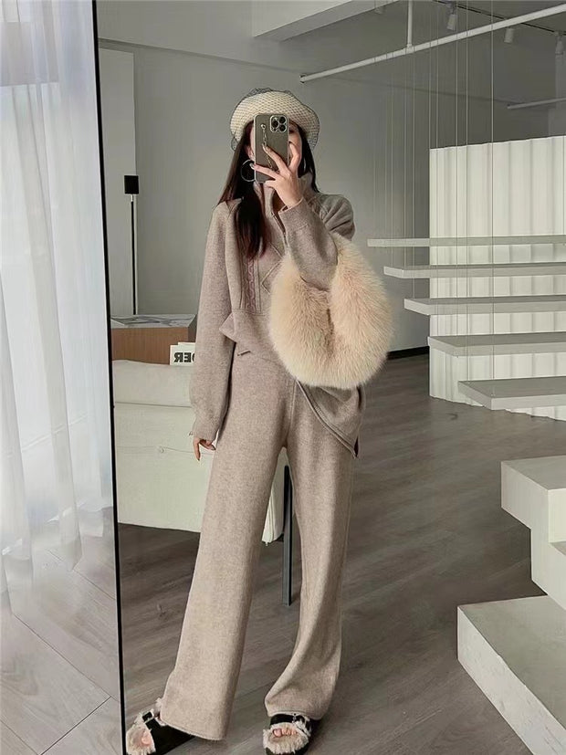 Stand Collar Knitted Sweater Wide Leg Pants Two Piece Set