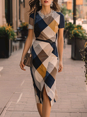 Fashionable Urban Retro Plaid Tight Midi Dress