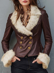 Vintage Brown Eco Leather Jacket With Faux Fur Collar & Gold Buttons