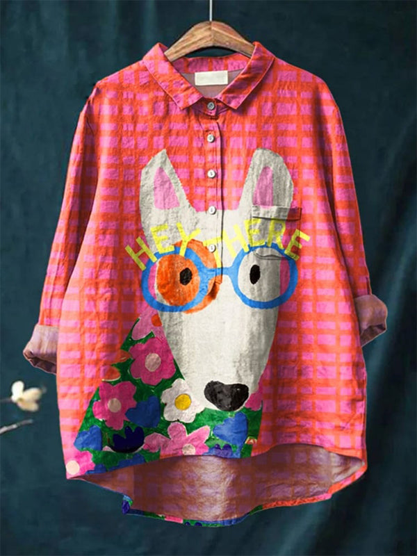 Dog Art Printing Casual Cotton And Linen Shirt