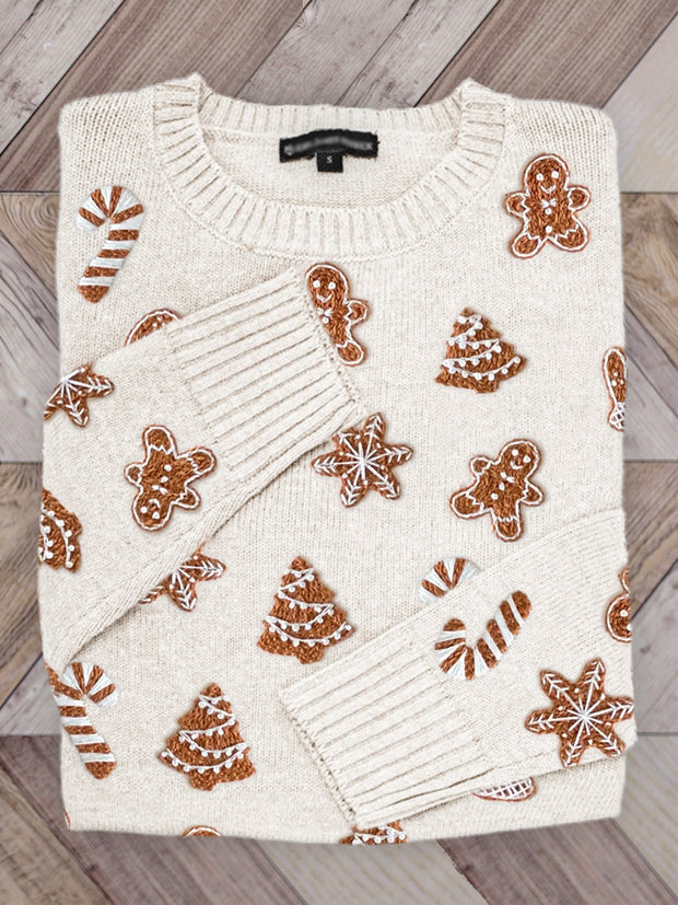 Christmas Gingerbread Cookies Embroidered Cozy Knit Sweater