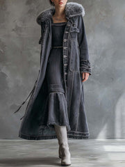 Vintage Washed Grey Denim Coat With Faux Fur Collar