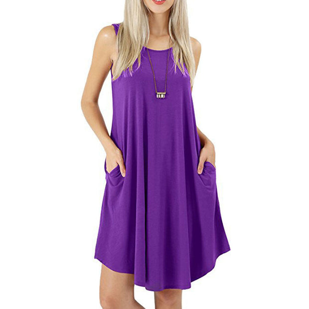 Women Solid Color Sleeveless Pocket Casual Large Hem Summer Dresses