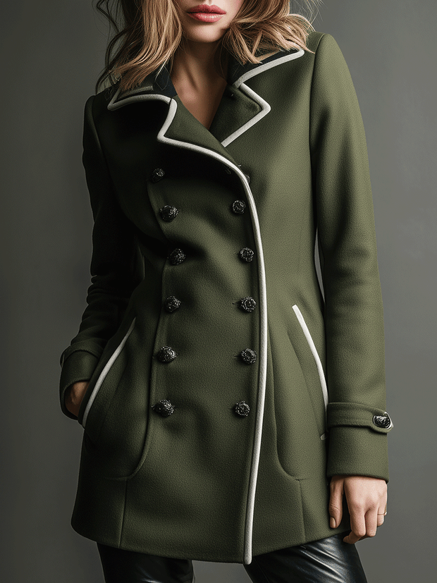 Military-Inspired Olive Trench White Trim Coat