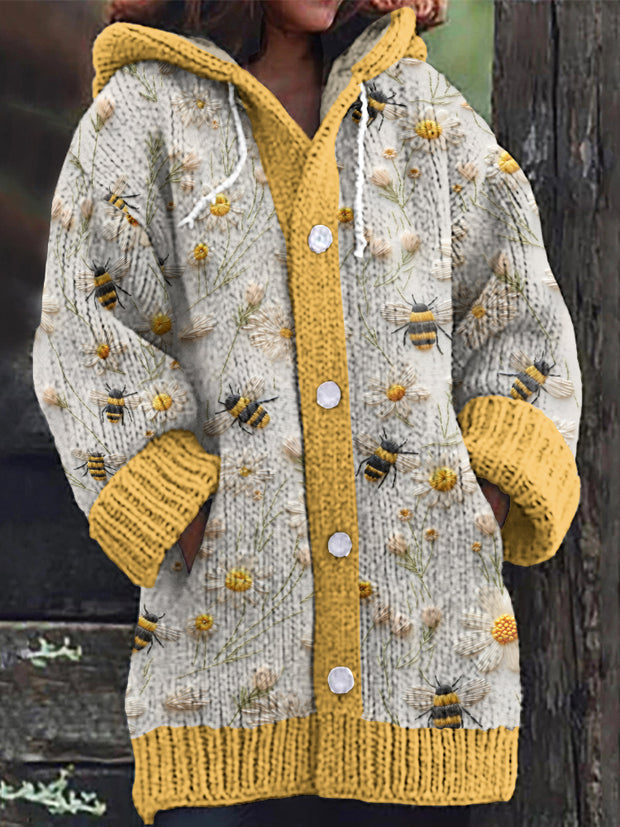 Daisy Bee Embroidery Art Print Cozy Knit Hooded Cardigan