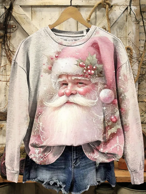 Women's Retro Santa Claus Art Pattern Casual Crew Neck Long Sleeve Sweatshirt
