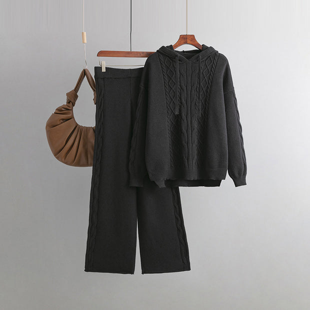 Drawstring hooded sweater + wide-leg trousers two-piece set