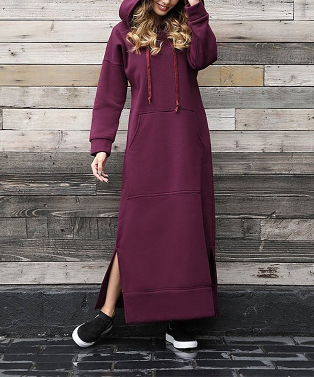 Autumn Winter New Loose Velvet Casual Fashion Big Pocket Knitted Hooded Maxi Dress