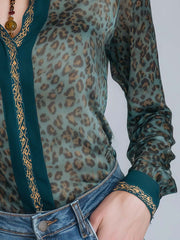 Boho Animal Print Vintage Green Chiffon Shirt