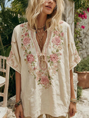 Women's Vintage Rose Floral Art V Neck Linen Comfy T-shirt