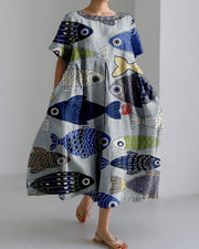 Ethnic Wind Fish Print Casual Loose Short Sleeve Cotton Linen Dress