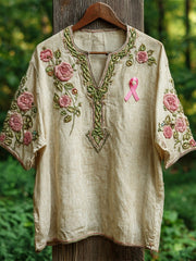 Celtic Knot Rose Embroidered Pink Ribbon Awareness Vintage Women's Linen V-neck Shirt