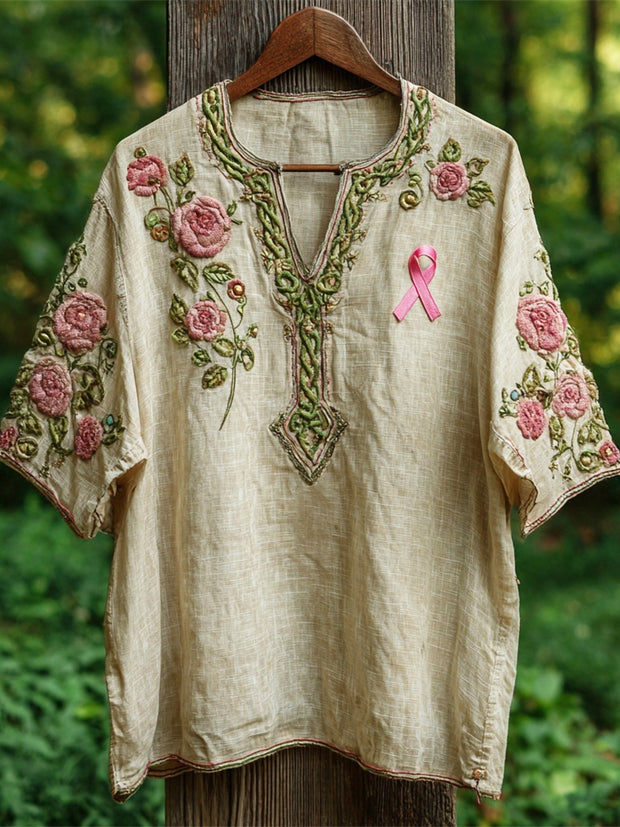 Celtic Knot Rose Embroidered Pink Ribbon Awareness Vintage Women's Linen V-neck Shirt