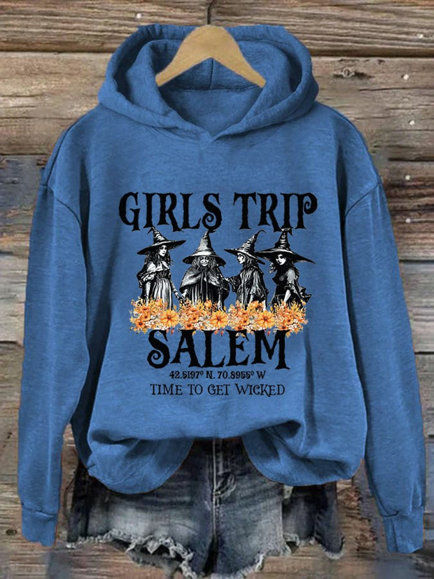 Women's Girl's Trip Salem Time To Get Wicked Halloween Print Hoodie