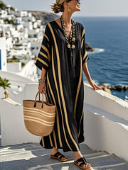 Classic V-neck Drop Shoulder Striped Midi Dress