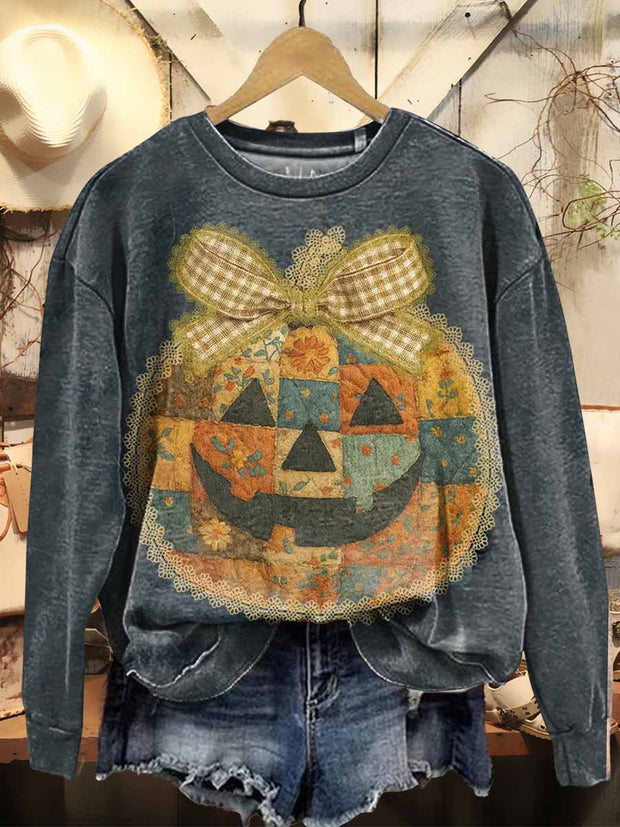 Women's Pumpkin Patchwork Print Casual Crew Neck Sweatshirt