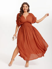 V-Neck Batwing Sleeve Pocket Ruched Waist Maxi Dress