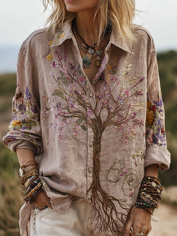 Women's Vintage Color Tree Of Life Cotton And Linen Shirt