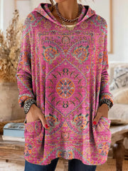 Women's Retro Ethnic Totem Art Print Casual Knitted Pocket Hooded Tunic Top
