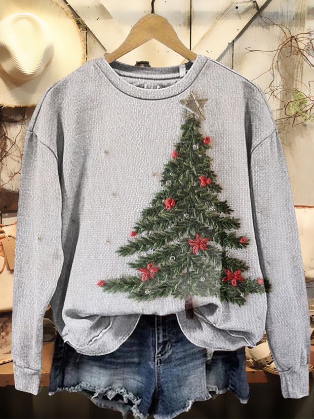 Women's Vintage Christmas Art Print Casual Long-Sleeve Crew Neck Sweatshirt