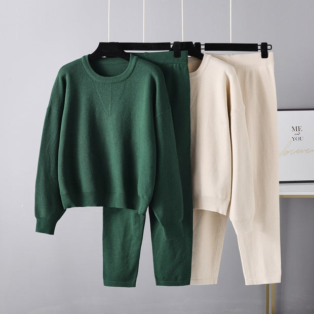 Solid color crew neck sweater knitted two-piece set