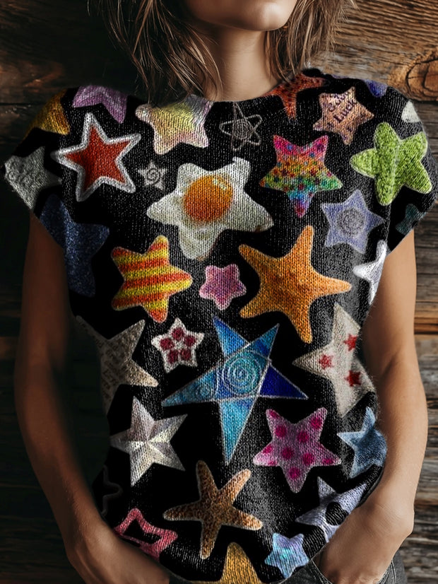 Women's Colorful Star Pattern Artistic Print Round Neck Casual Short-sleeved Knitted Sweater