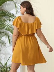 Plus Plain Off Shoulder Ruffle Elastic Waist Dress