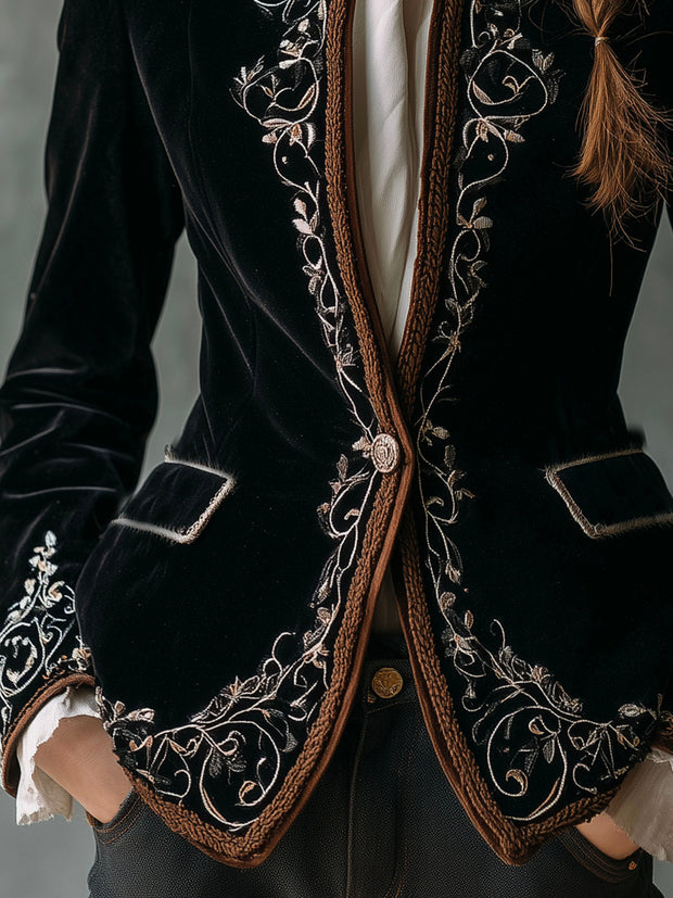 Elegant Black Luxurious Velvet Embroidered Tailored Jacket