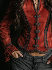 Vintage Rust Red Velvet Jacket With Lace Trim And Ruffled Cuffs